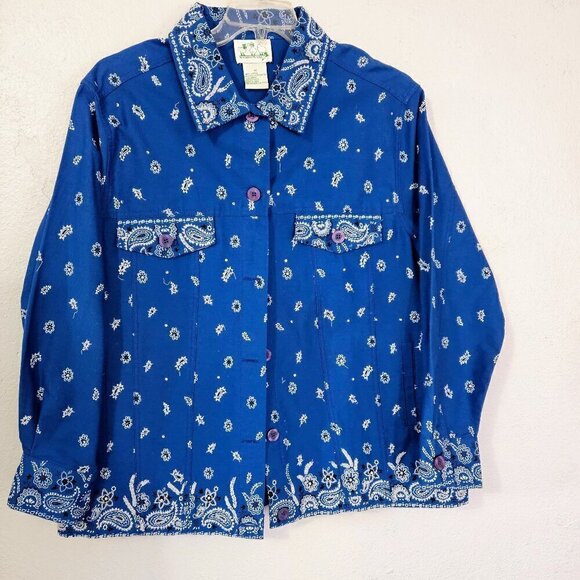 Quacker Factory Western Blue Twill Beaded Rhinestone Jacket Size 1X - Picture 2 of 9